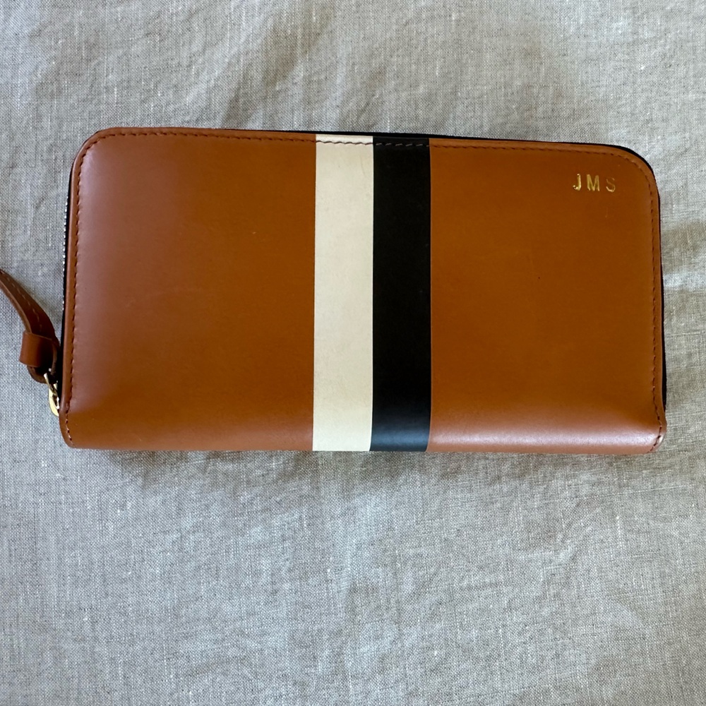 Clare V. Zip Wallet Cuoio  w/black/ cream stripe vegetable tanned leather.